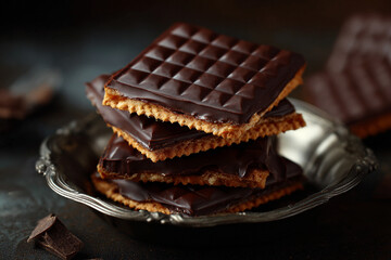 A tempting stack of rich chocolate covered biscuits rests on an ornate silver plate against a dark backdrop offering a delightful sweet treat