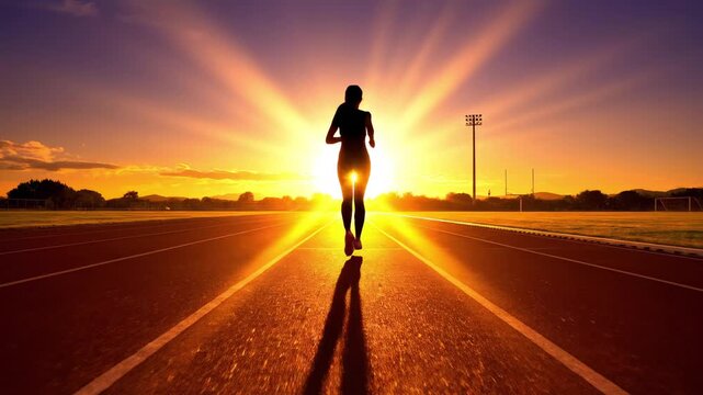 Woman running on track at sunset, silhouette against bright sun symbolizing perseverance and achieving goals.