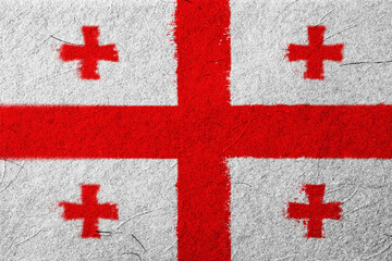 A textured, striking rendition of a national flag featuring bold red crosses against a clean white...