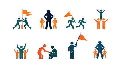 Teamwork and Leadership Icons Set. Collaboration Guidance Support and Group Management Symbols in Clean Minimal Black Vector Illustration