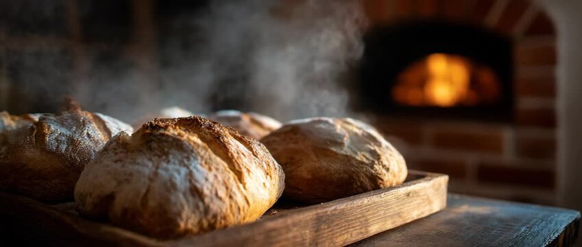 A fresh loaf of bread on a wooden tray, steaming in the oven.