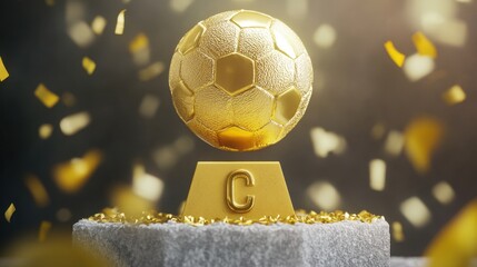 Golden Soccer Ball Trophy with Black Background and Confetti Celebrating Victory and Achievement in Sports Events