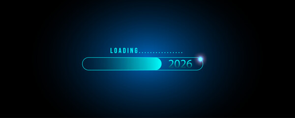 Loading 2026 Futuristic Progress Bar Background for New Year countdown visuals, tech-style greeting cards, digital banners, social media posts, and modern UI-inspired designs.