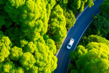 Transportation highway cutting through lush forest trees with studio lighting shadows