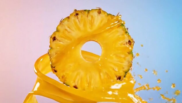 Vibrant pineapple slice with splash of juice in dynamic motion for tropical freshness