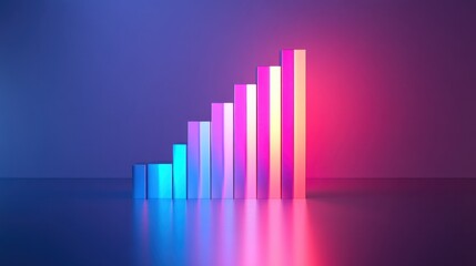 Colorful neon bar graph representing progress and growth on a reflective surface with gradient background lighting