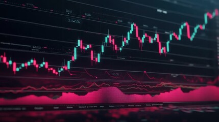 Financial market data visualization with upward trend and candlestick patterns in vibrant colors and digital background