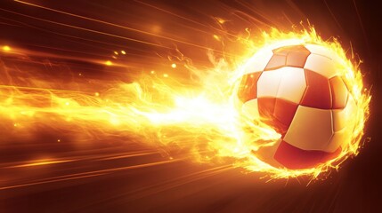 Explosive Soccer Ball in Motion with Fiery Flames Surrounding It on Dark Background for Sports Visuals