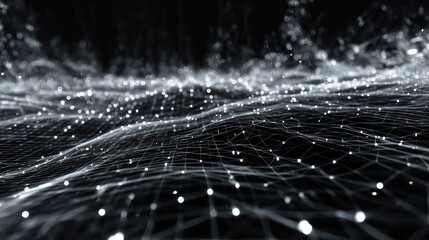Digital data network connecting grid particles forming abstract wave