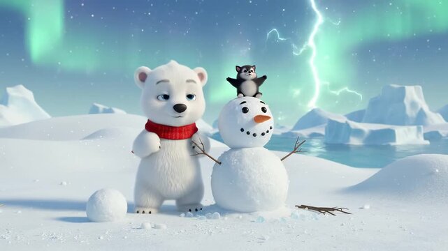 Cute polar bear cub in a red scarf building a smiling snowman while a playful kitten balances on its head, in an arctic snow landscape beneath dancing northern lights and icebergs,whimsical 3D cartoon