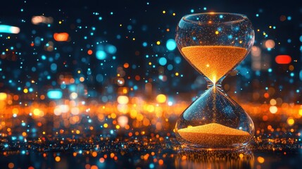 Mesmerizing hourglass with flowing sand on a vibrant background of shimmering lights and a dreamy atmosphere