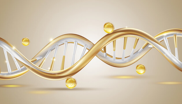 白と金で表現されたDNA二重らせん構造と金色の美容成分粒子が輝く高精細3Dイメージ。美容科学、アンチエイジング、再生医療、プレミアムスキンケアを象徴するラグジュアリービジュアル。
A high-resolution 3D image of a white and gold DNA double helix with glowing golden beauty ingredient particle