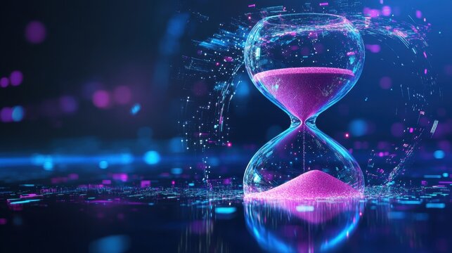 Futuristic hourglass with flowing pink sand, glowing particles, and vibrant light effects representing time passing and urgency