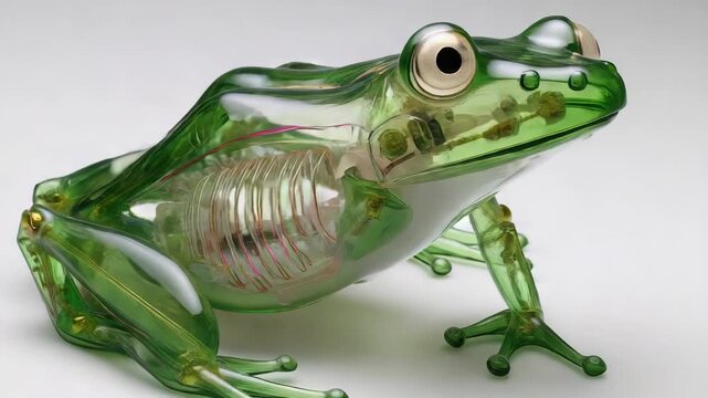 Anatomical model of a green frog with visible internal organs and skeleton