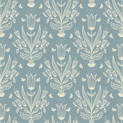 Elegant vintage floral damask pattern in light blue and cream with tulip motifs and delicate details.
