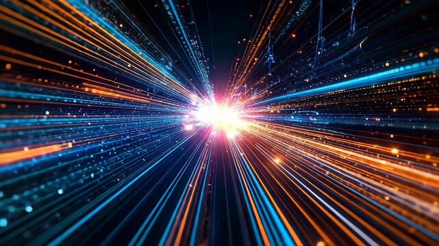 Digital data streams converging in a bright light source, representing high speed network connectivity and information flow across the internet.