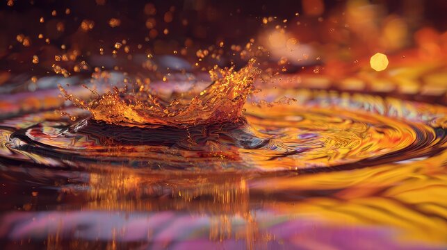 Golden water splash creating ripples on colorful liquid surface