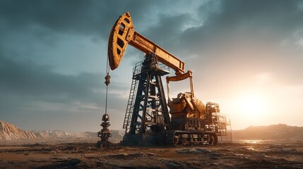 Oil pump jack extraction under a dramatic sky produces petroleum.