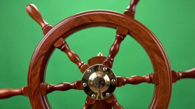 Vintage nautical voyage: Close-up showcase of a classic wooden ship's helm against green screen
