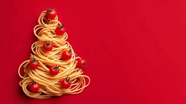 Spaghetti pasta creating a christmas tree shape, garnished with red cherry tomatoes, copy space