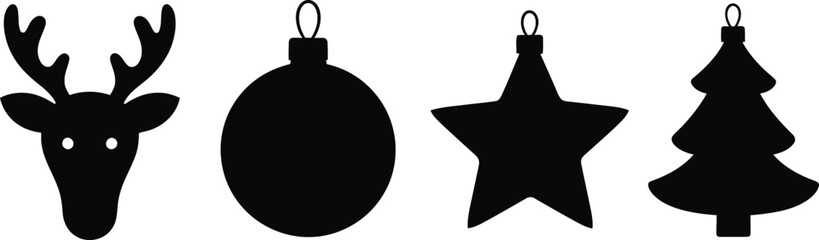 Black silhouette christmas ornaments including a reindeer bauble star and tree