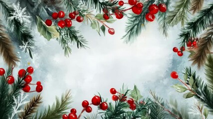 Christmas watercolor background framing copy space with festive pine, holly, and berries, copy space - Powered by Adobe