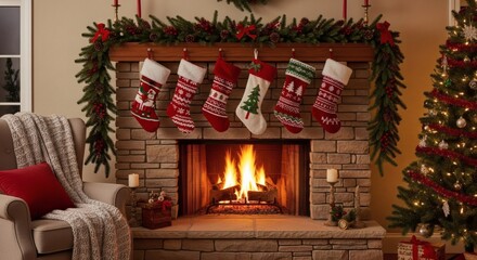 Christmas fireplace decorated with stockings, garland, christmas tree and armchair in living room