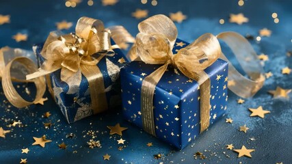 Blue and gold gift boxes with ribbon, glitter, and stars for holidays