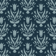 Dark navy seamless floral pattern with pale blue tulips and elegant botanical damask elements.