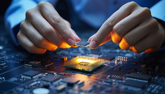 Close up of semiconductor chip being assembled on circuit board