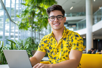 Young hispanic male smiling and working on laptop in modern office setting