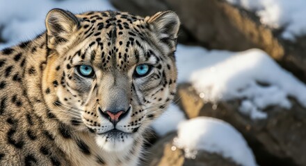 Naklejka premium Close up portrait of a snow leopard with striking blue eyes in a snowy environment