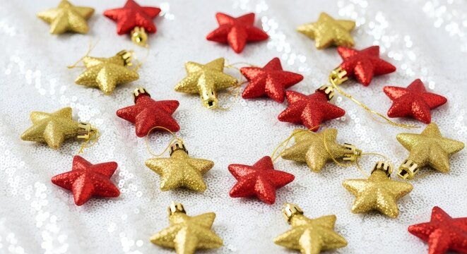 Festive christmas background with red and gold star ornaments on a white sequin surface