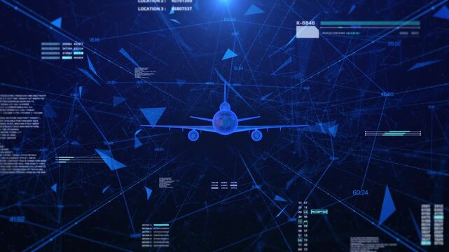 Technology Digital Polygon Plexus Communication Network With Futuristic Military Jet Wireframe Flying 4K Motion