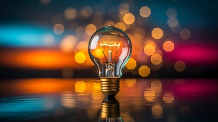 Glowing lightbulb on reflective surface with colorful blurred background bokeh