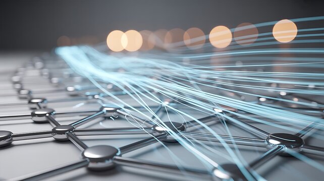 Futuristic network connection structure with data streams and abstract background bokeh