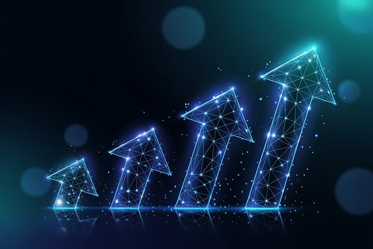 Growth concept with glowing arrow polygons ascending upward and success indicators