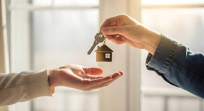 Home keys being transferred between hands symbolizing new ownership and investment