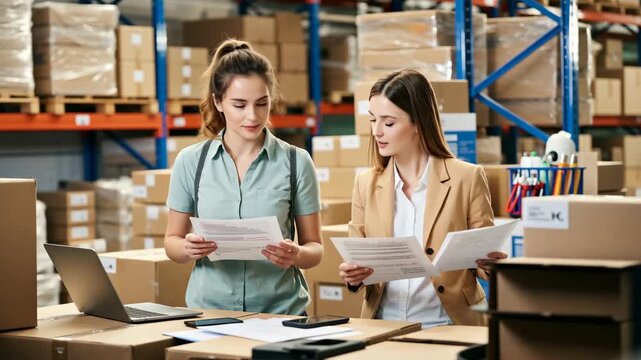 Two female professionals discussing paperwork and logistics in a modern warehouse, surrounded by cardboard boxes, shelves, and a laptop, highlighting teamwork and supply chain management.