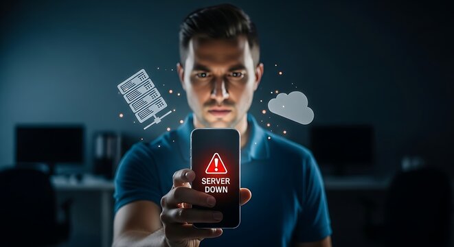 Man looking at smartphone with server down alert problem concept