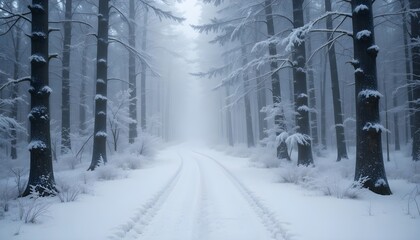  a narrow path winding through deep snow between tall winter trees with soft fog drifting 