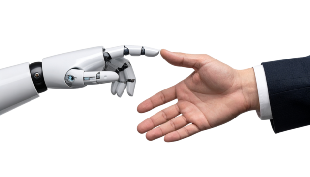  Robot and Human Hands Reaching Toward Each Other, Modern Creation of Adam Concept, Transparent Background PNG - Powered by Adobe