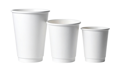  Set of Three White Disposable Paper Cups in Small, Medium, and Large Sizes, Isolated on Transparent Background PNG