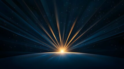 Fototapeta premium The image portrays a radiant burst of golden light emanating from a horizon on a dark blue surface, scattered with small white specks reminiscent of stars.