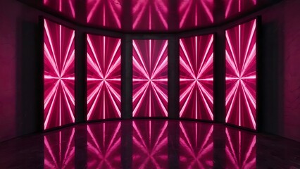 Five Vertical Screens Displaying Intense Pink Light Beams in a Dark Curved Room