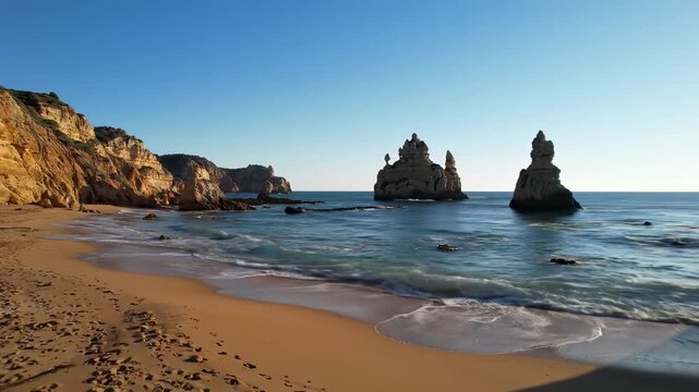 A coastal scene showcases a sandy beach meeting the clear, blue ocean. Towering rock formations stand in the water under a cloudless sky