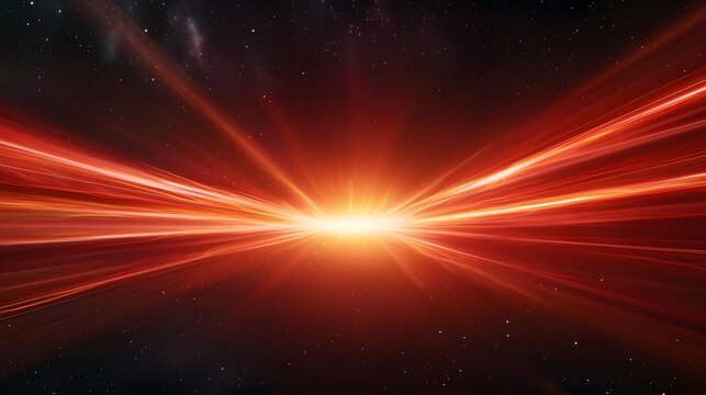A mesmerizing abstract space render showcases an intense explosion of bright orange and red light streaks emanating from a central point against a backdrop of twinkling stars.