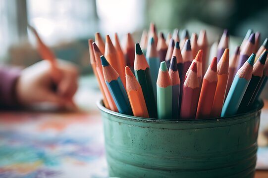 A vibrant collection of colored pencils in a rustic green bucket art supplies