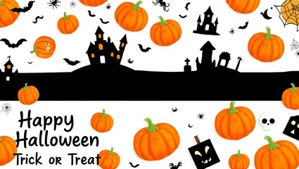 Happy halloween trick or treat with pumpkins silhouettes and flying bats festive celebration white background