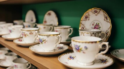 Collection of vintage porcelain teacups and saucers on shelf - Powered by Adobe